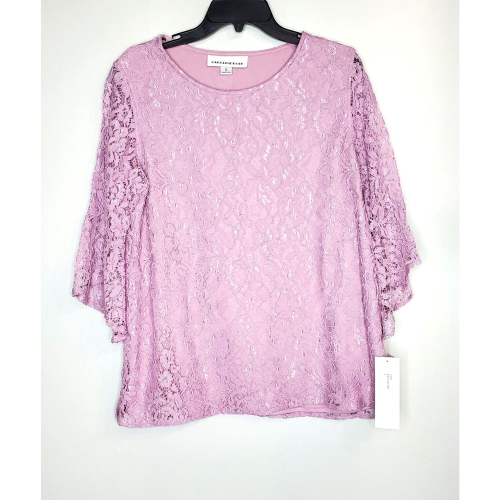 Caroline Rose Womens Orchid Tunic Top Lace Overlay Bell Sleeves SZ S Shimmer USA